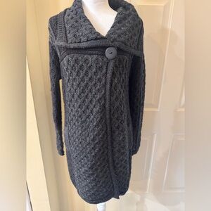 Aran Crafts  Wool Charcoal Two Tone Cable One Button Knit Cardigan‎ XS